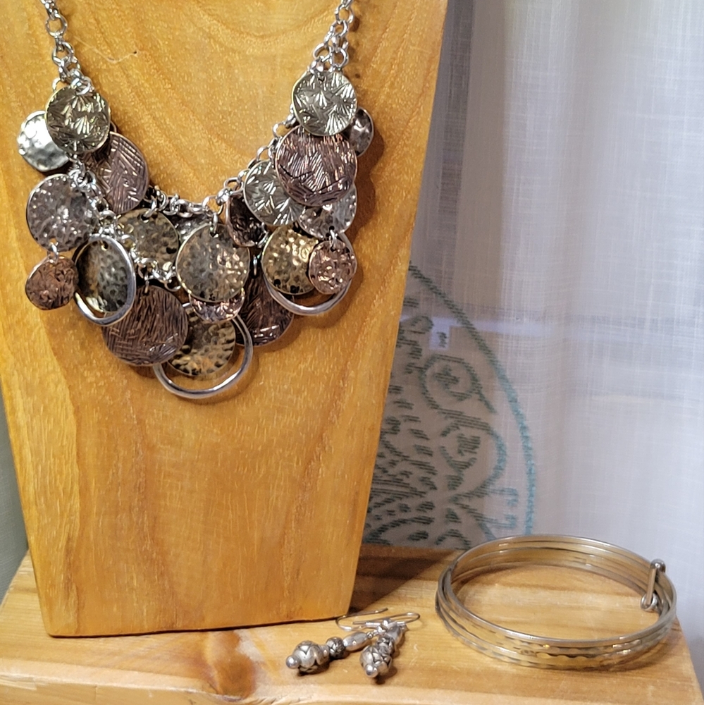 3 Piece Mixed Metal Costume Jewelry Lot Necklace, Bracelet, Earrings